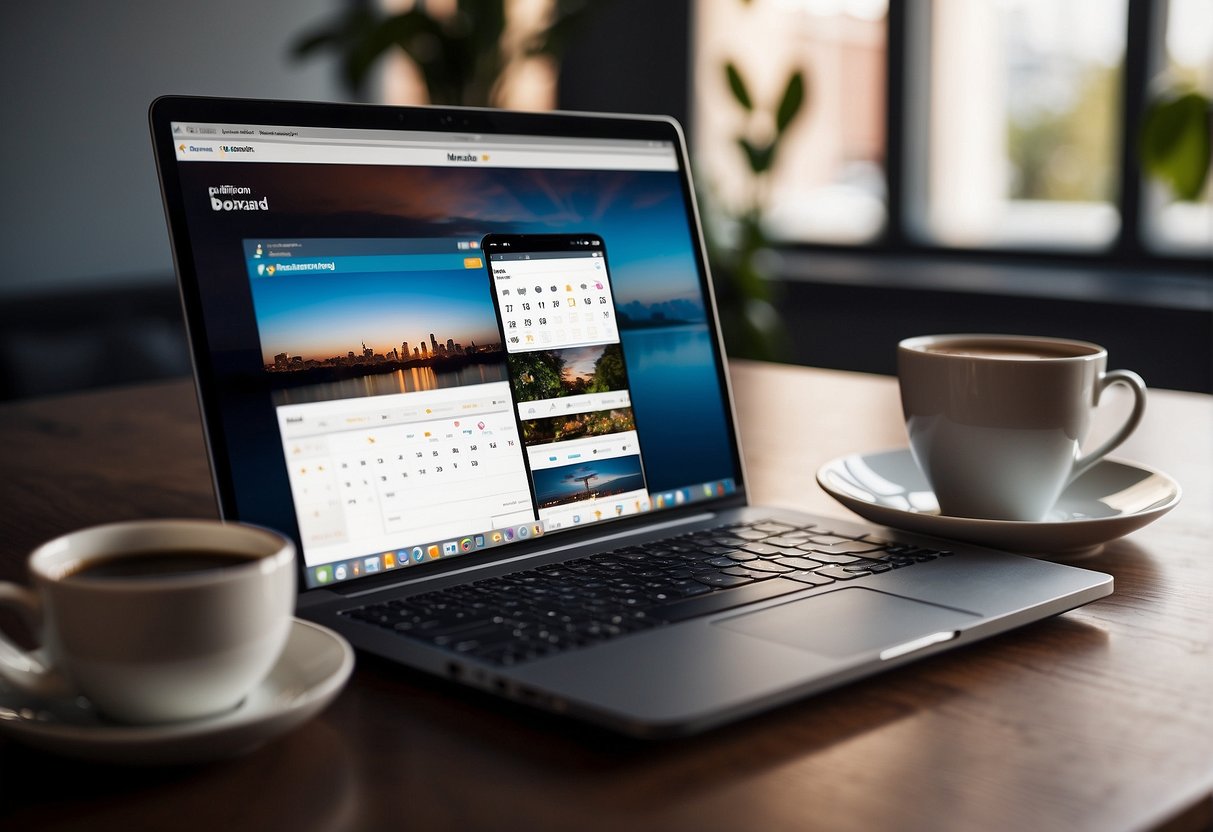 A laptop open on a desk, surrounded by business cards, a calendar, and a cup of coffee. A smartphone displaying social media notifications