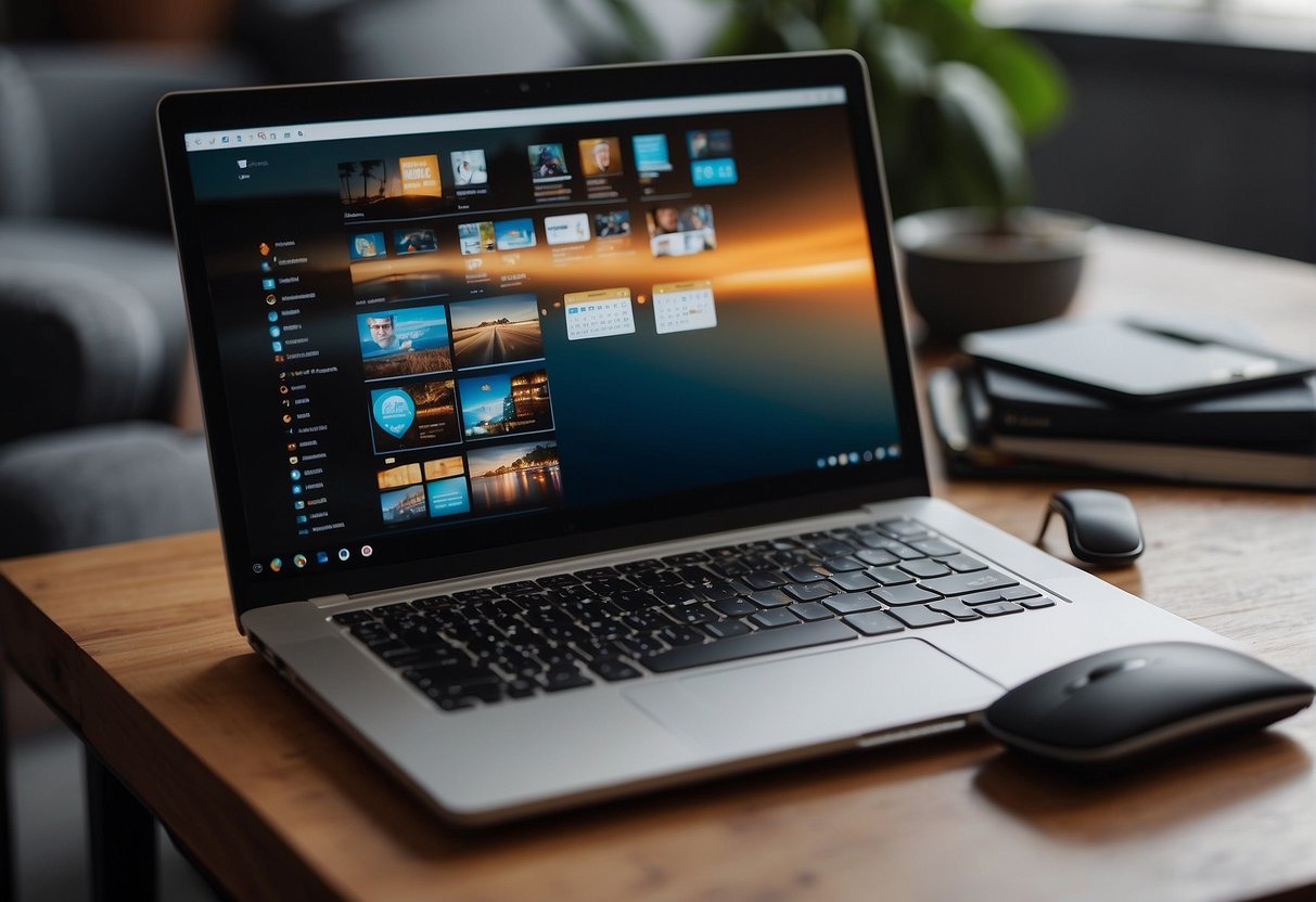 A laptop with a virtual networking event on the screen, surrounded by a cozy work from home setup with a cup of coffee, notebook, and a calendar