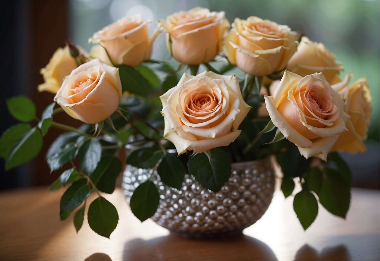 Roses arranged in a vase, surrounded by greenery and other flowers, used for a centerpiece in a floral design