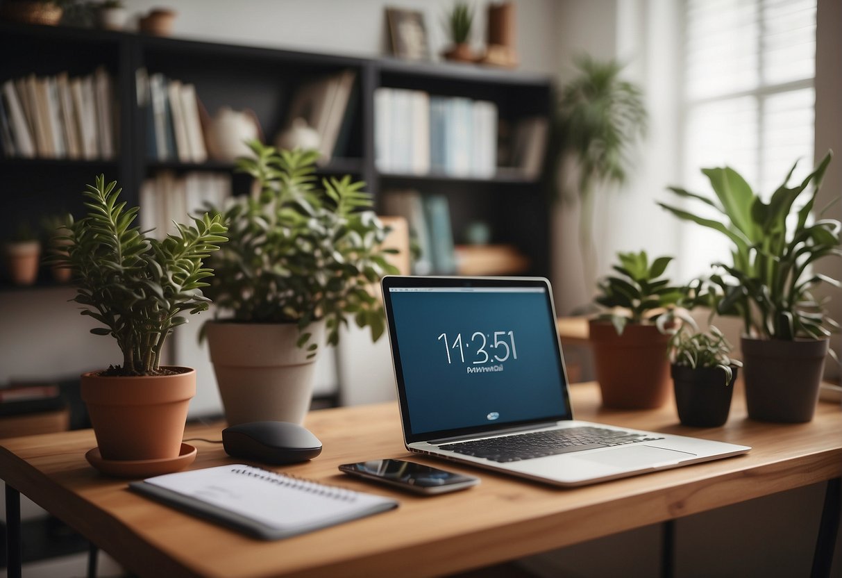A home office with a laptop, phone, and calendar on the desk. A cozy chair and bookshelf in the background. Plants and natural light create a warm and inviting atmosphere