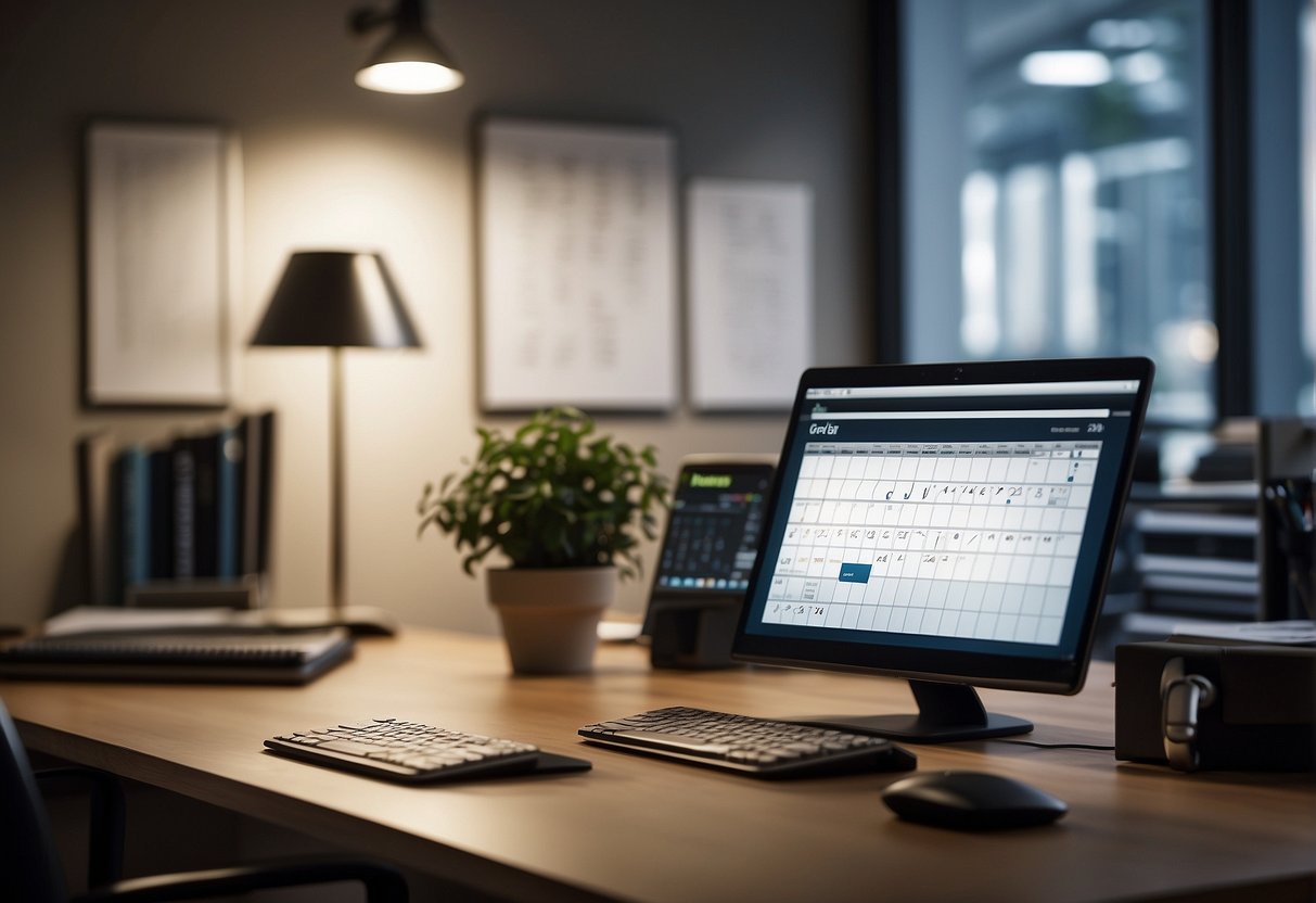 A desk with a computer, notebook, and pen. A calendar on the wall. A virtual meeting on the computer screen. Files and documents organized neatly