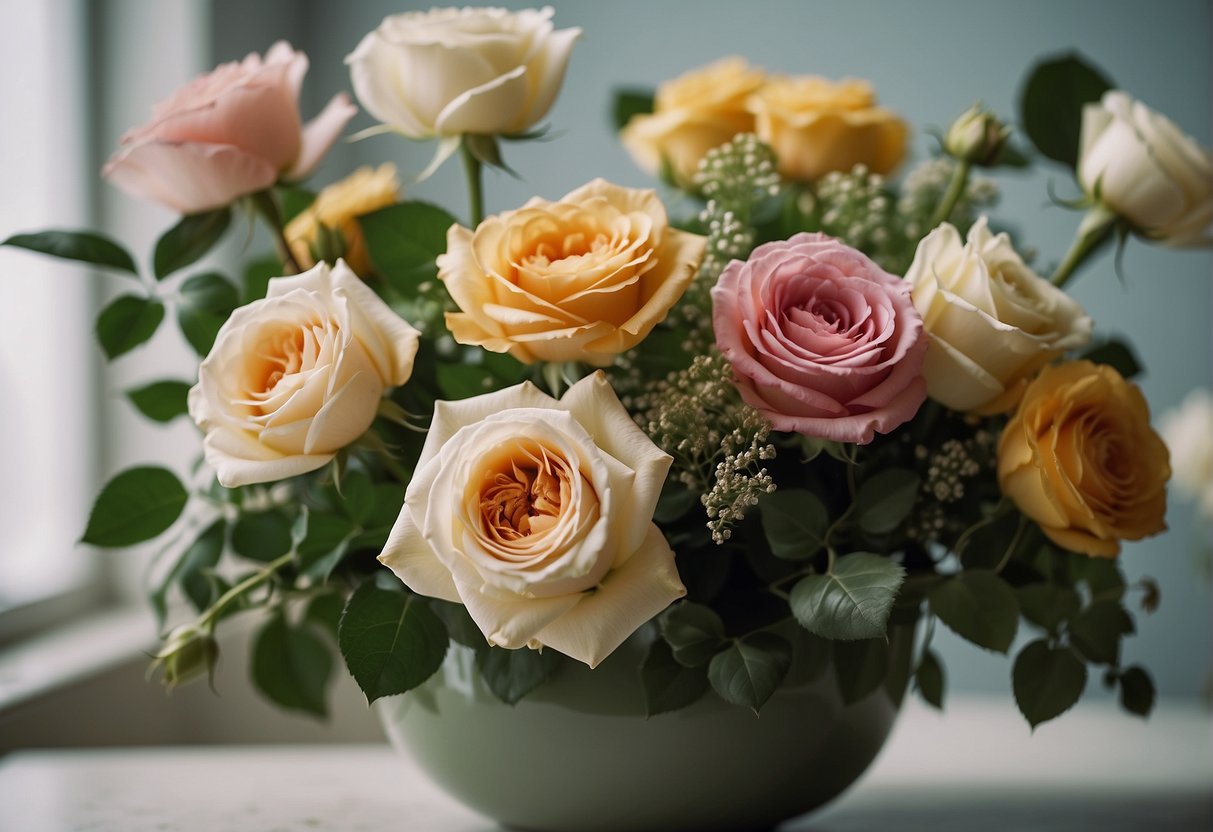 A vase filled with a variety of roses, greenery, and filler flowers arranged in a balanced and harmonious manner