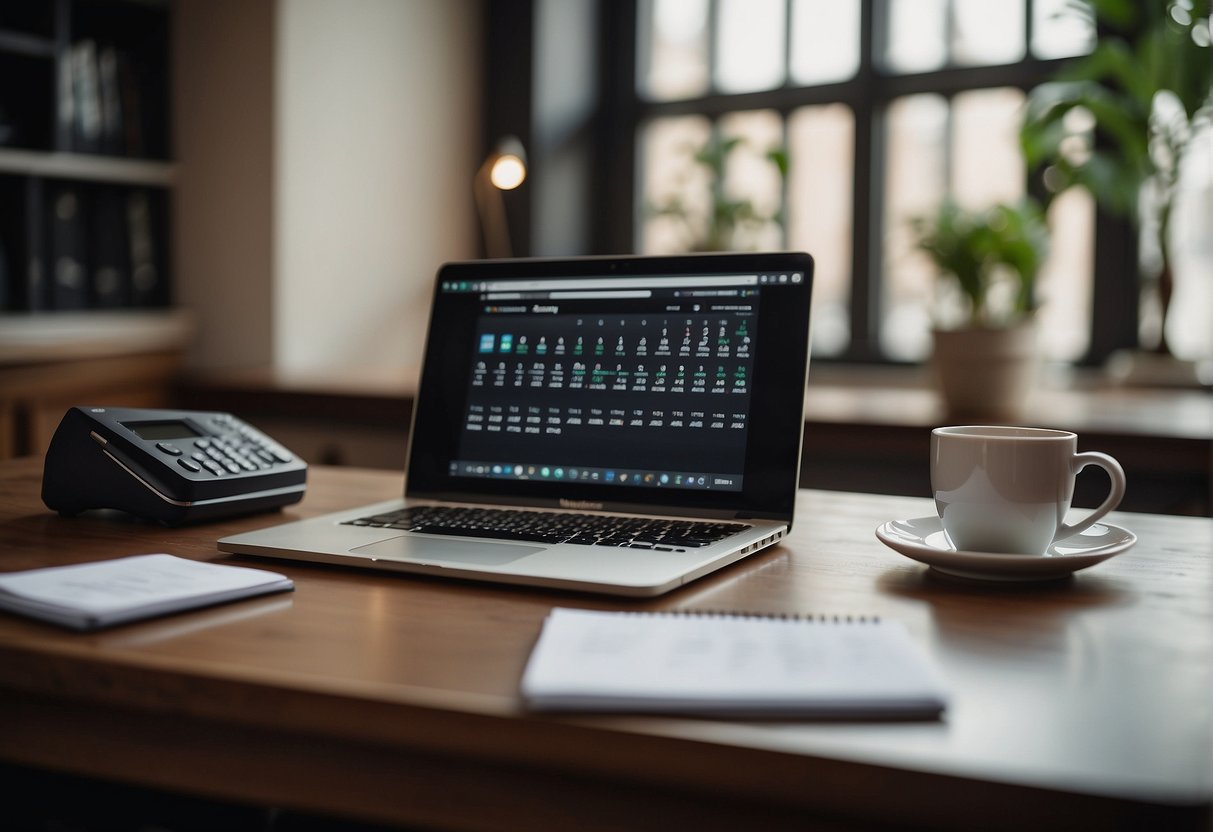 A home office with a laptop, books, and a notepad. A calendar with networking events marked. A phone with a list of professional contacts