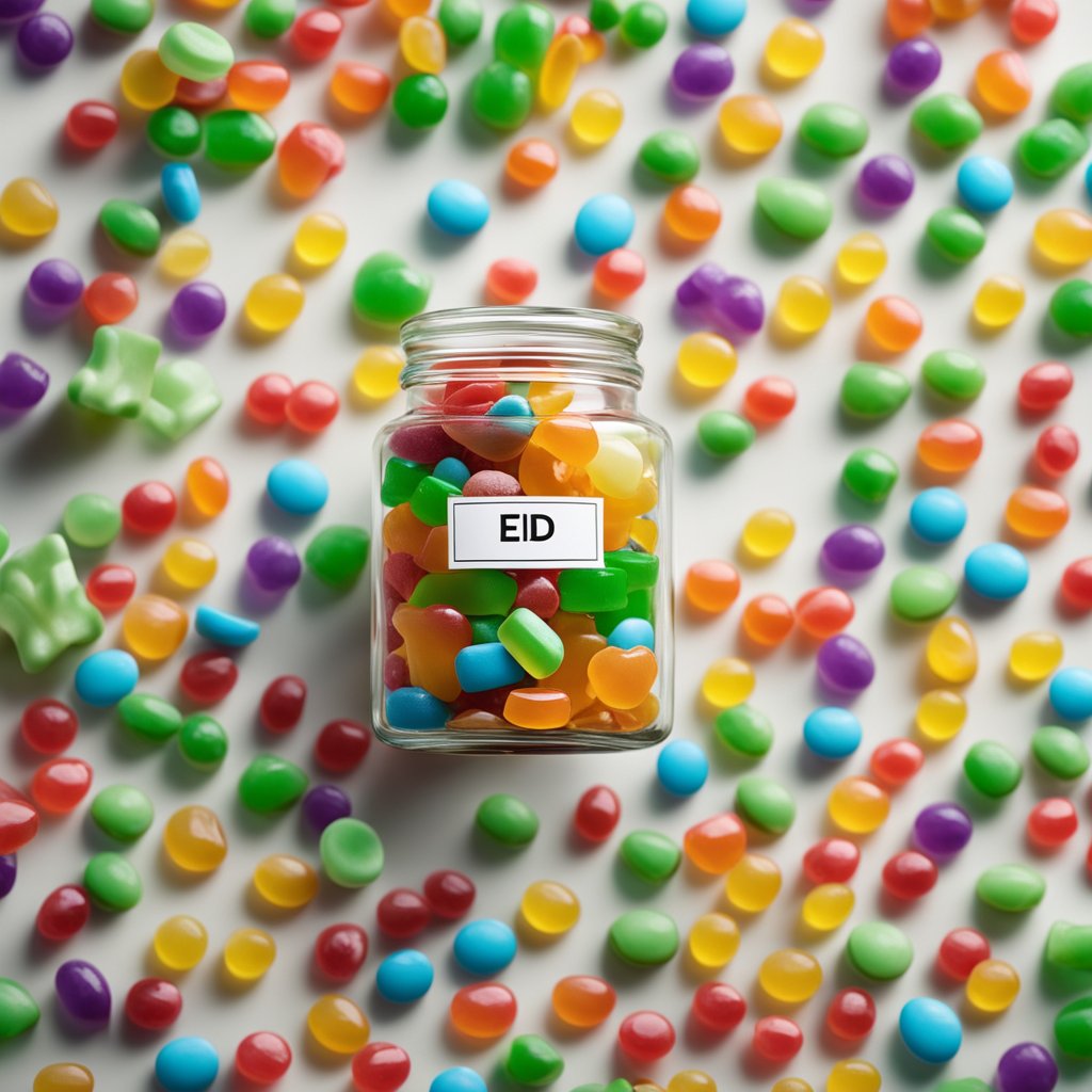 A glass jar filled with colorful gummy candies labeled "ED" on a white countertop