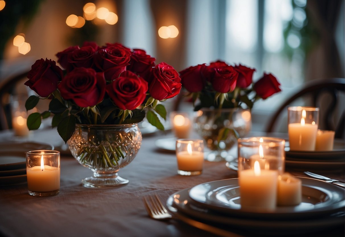 A vase of red roses sits on a table, surrounded by elegant place settings and flickering candlelight