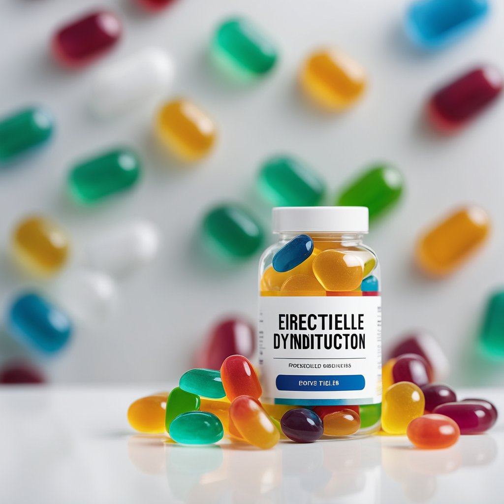 A bottle of colorful gummy supplements labeled "Erectile Dysfunction" sits on a clean, white countertop. The label features bold, clear lettering and a simple, modern design