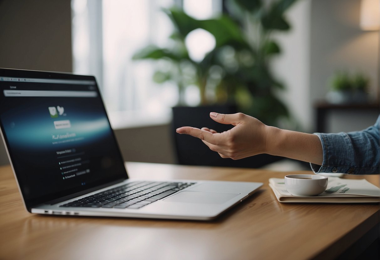 A home office with a laptop, phone, and notebook. A woman's hand reaching out to shake another hand. Books on networking and marketing on the desk