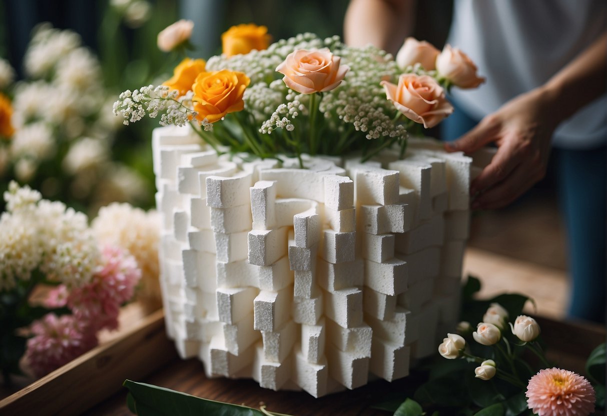 Styrofoam is cut into shapes for holding flower stems in floral arrangements