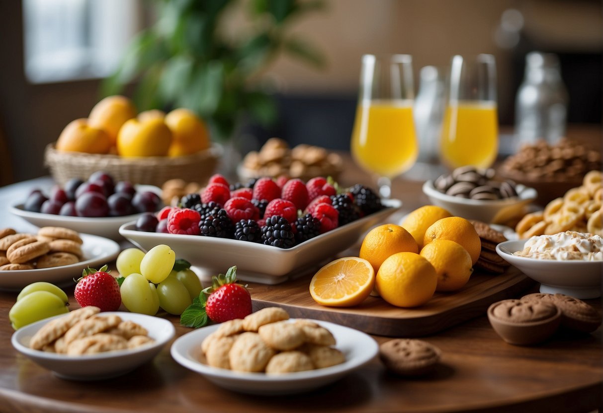 A variety of snacks and desserts are spread out on a table, including fruits, pastries, and chocolates. A glass of water sits nearby