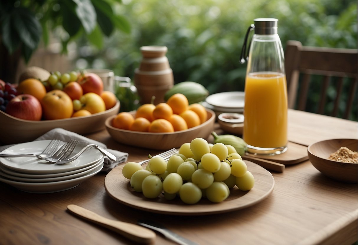 A table set with colorful fruits, vegetables, and whole grains. A reusable water bottle and eco-friendly utensils accompany the meal