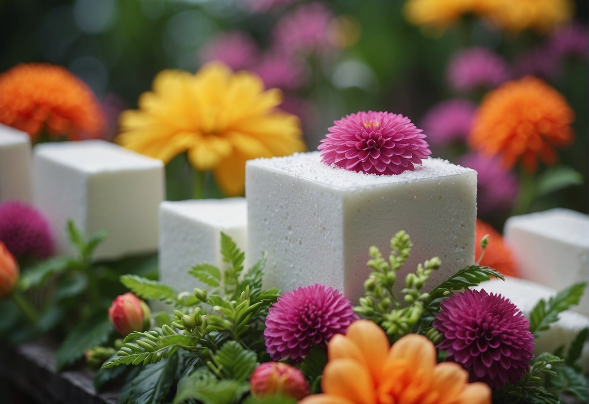 Styrofoam blocks surrounded by colorful flowers and greenery for floral arrangements