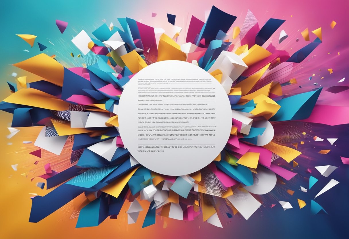 A plain document transforms into vibrant artwork, with words bursting out of the page, surrounded by dynamic shapes and colors