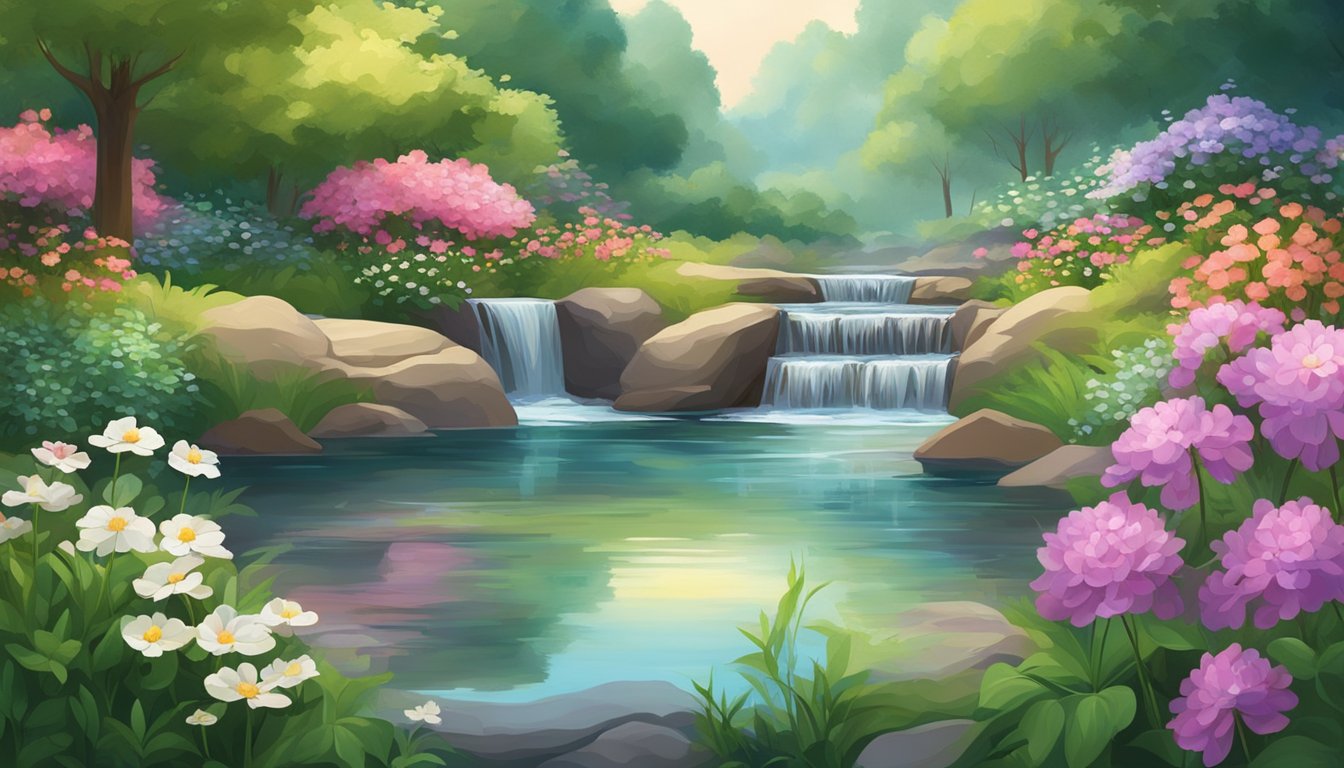 A serene garden with a flowing stream, surrounded by lush greenery and blooming flowers.</p><!-- wp:group {
