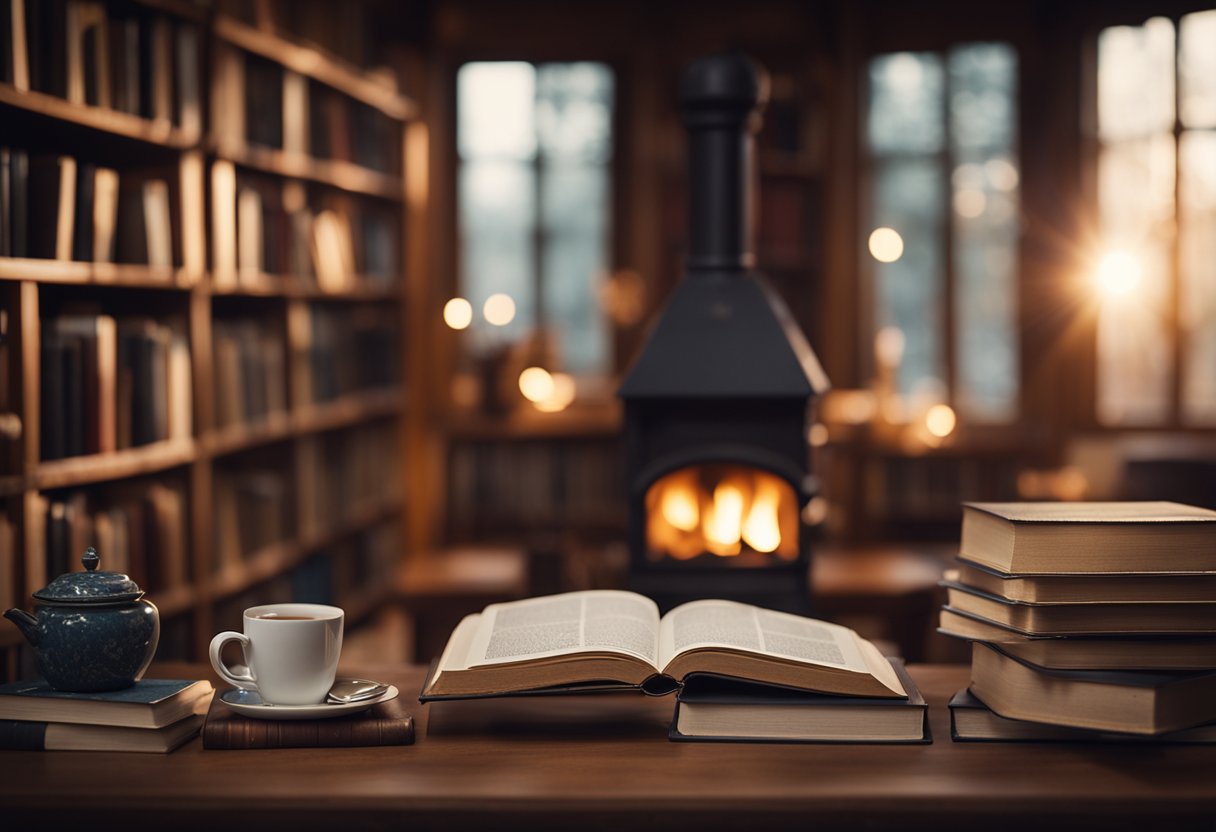 A cozy library with books piled high, a warm fireplace crackling, and a cup of steaming tea on a wooden table