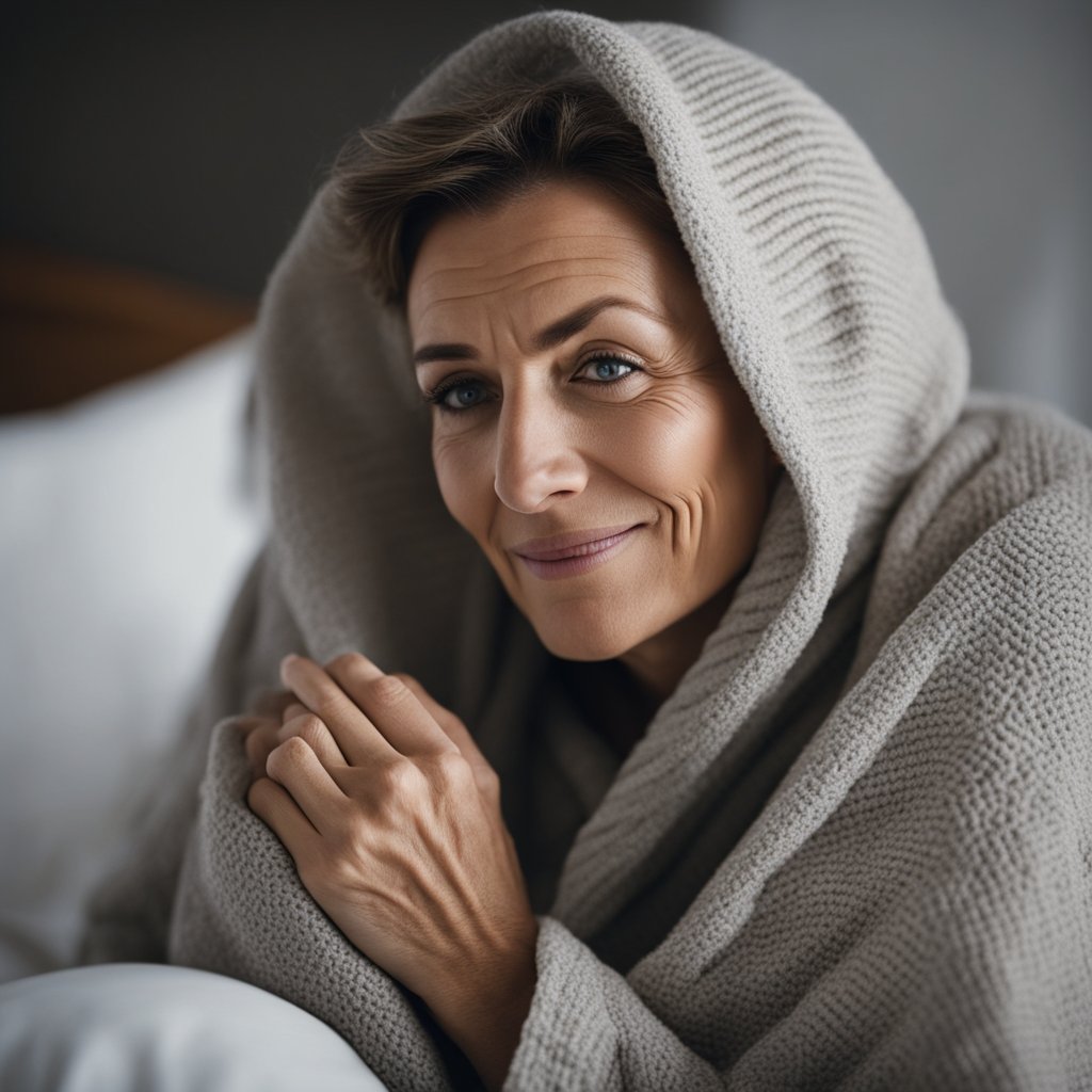 A woman sits in bed, bundled in blankets, shivering as cold flashes from menopause grip her body