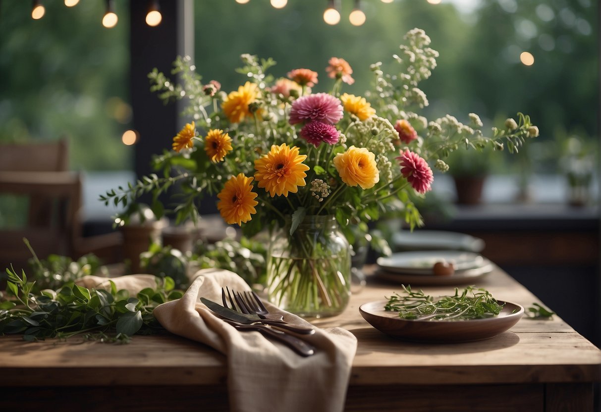 A table with a variety of fresh flowers, greenery, floral foam, scissors, wire, and a vase arranged for a floral design demonstration