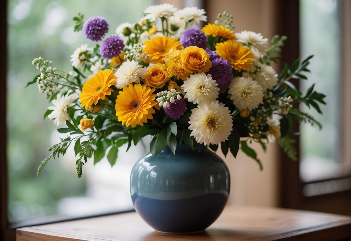 A vase filled with a variety of fresh flowers, arranged in a balanced and harmonious manner, showcasing the elements of floral design: line, form, space, texture, color, and pattern