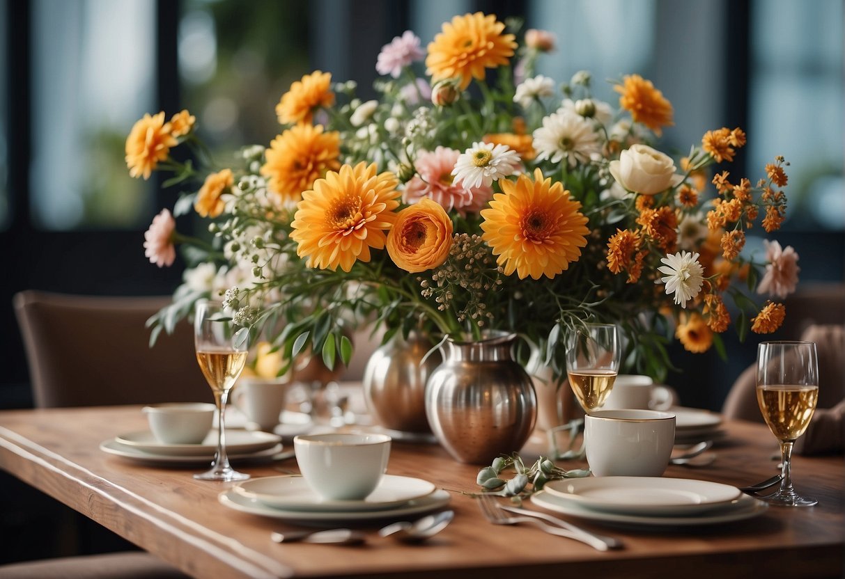 A table with 6 floral design elements: line, form, space, texture, color, and size. Displayed in a balanced and visually appealing arrangement