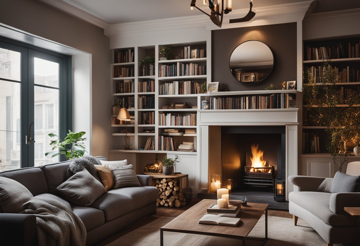 A cozy living room with a warm, inviting atmosphere. A bookshelf filled with well-loved novels, a comfortable sofa, and a crackling fireplace