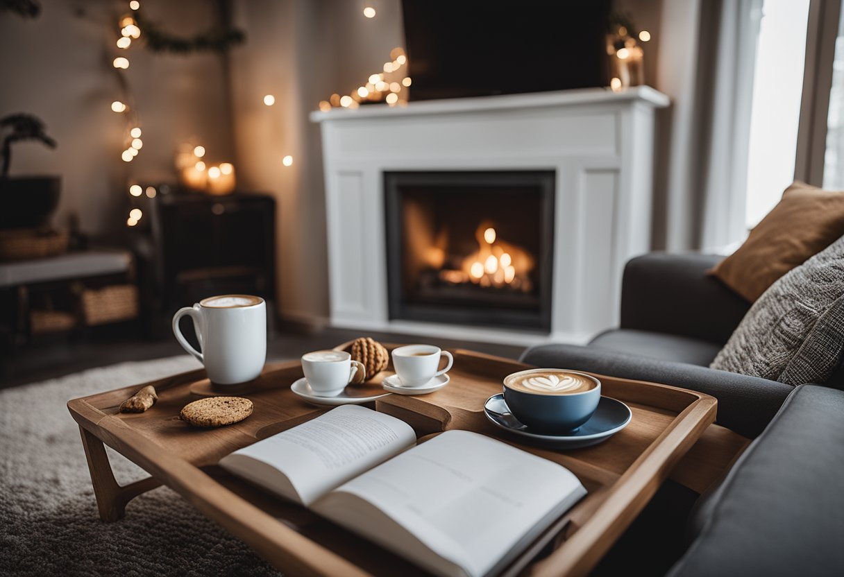 A cozy living room with a warm fireplace, a comfortable sofa, and a table set for two with a handwritten note and a cup of coffee