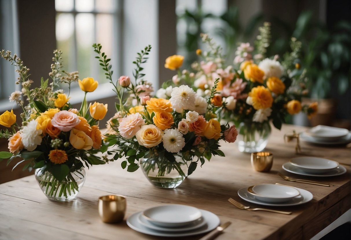 A table with six floral arrangements in varying sizes and styles, showcasing the principles of balance, proportion, rhythm, contrast, harmony, and unity in floral design