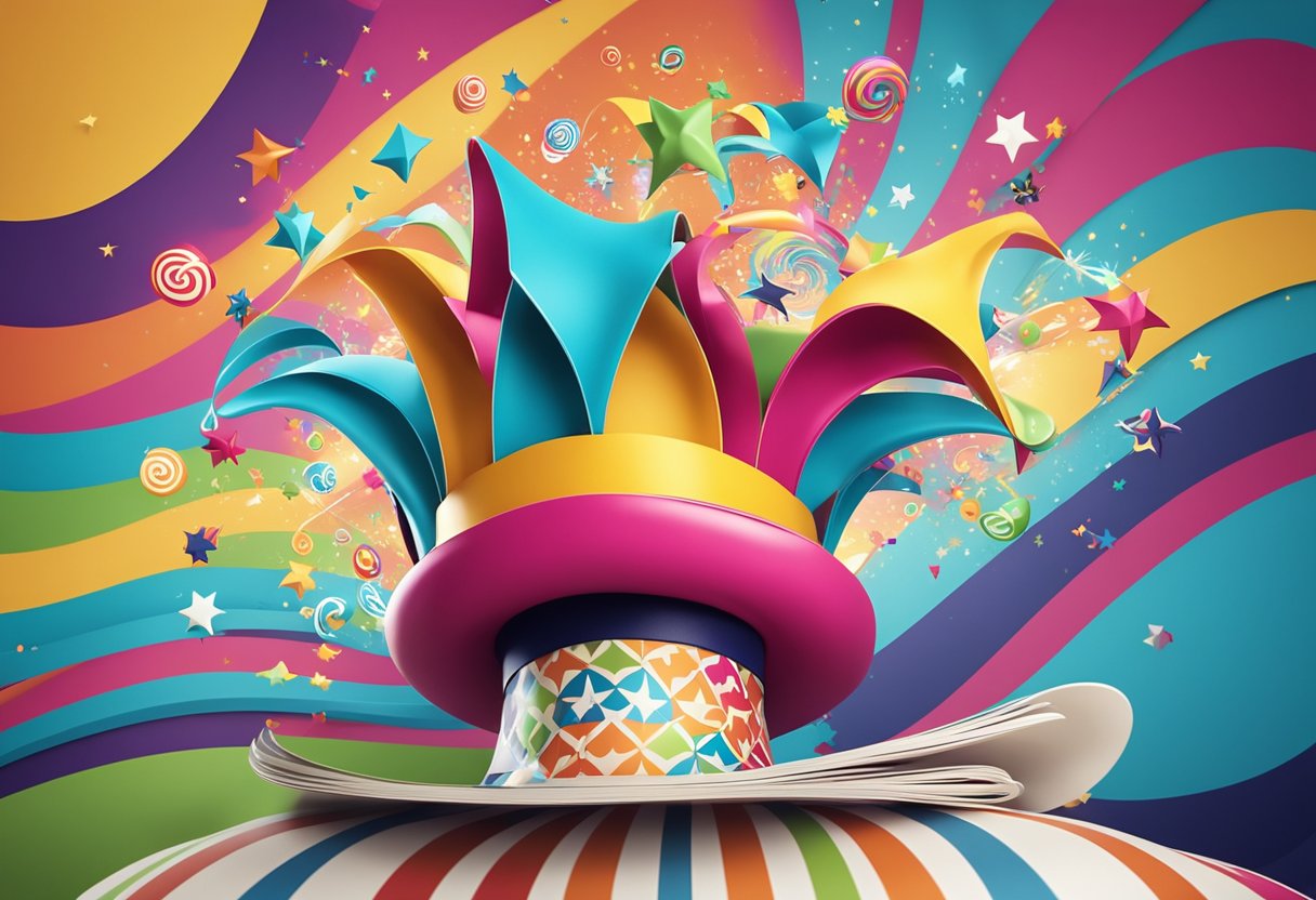 A playful jester hat sits atop a bold headline, surrounded by colorful, swirling lines and whimsical symbols. The words "Unleash the Power of Humor" jump off the page with energy and excitement