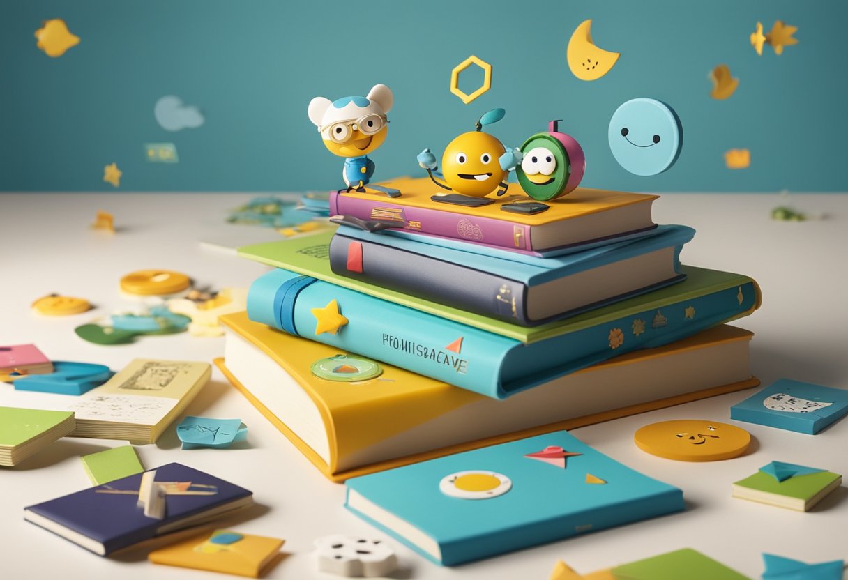 A colorful book with a smiling cartoon character surrounded by humorous symbols and playful elements