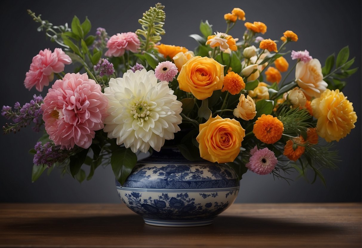 A table with 7 floral arrangements of varying sizes and shapes. Each design showcases different elements such as balance, proportion, rhythm, contrast, harmony, dominance, and unity