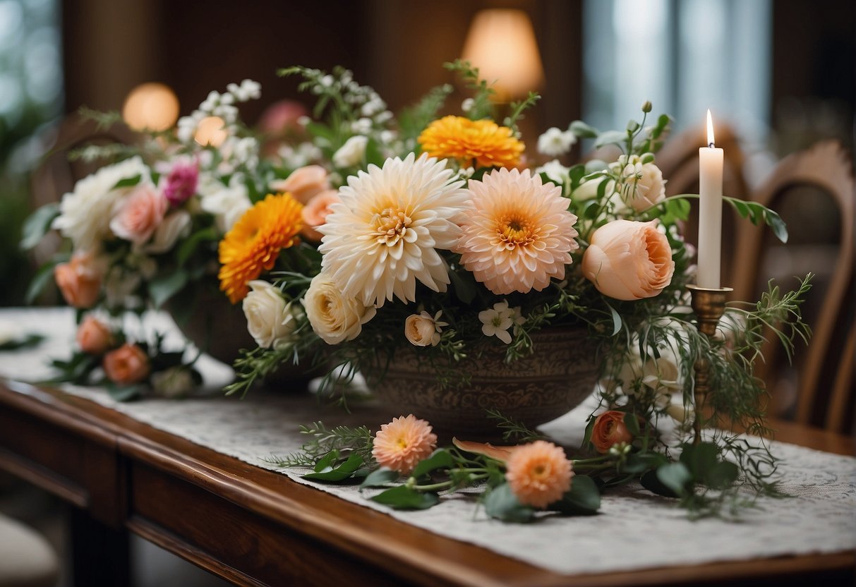 A table with 7 distinct floral arrangements, each showcasing a different element of design: line, form, space, texture, pattern, color, and size