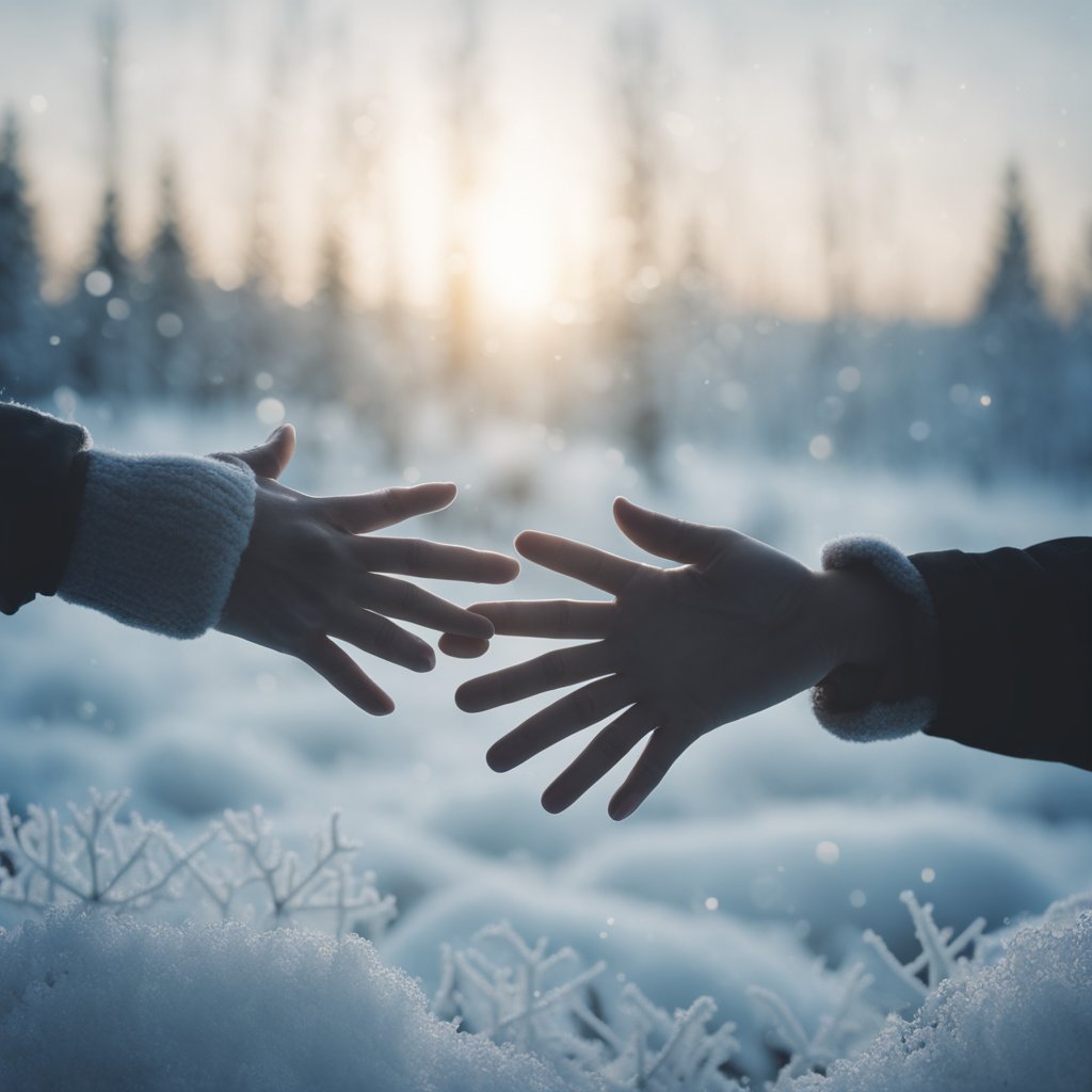 A pair of hands reaching out towards a frost-covered window, with visible breath in the cold air