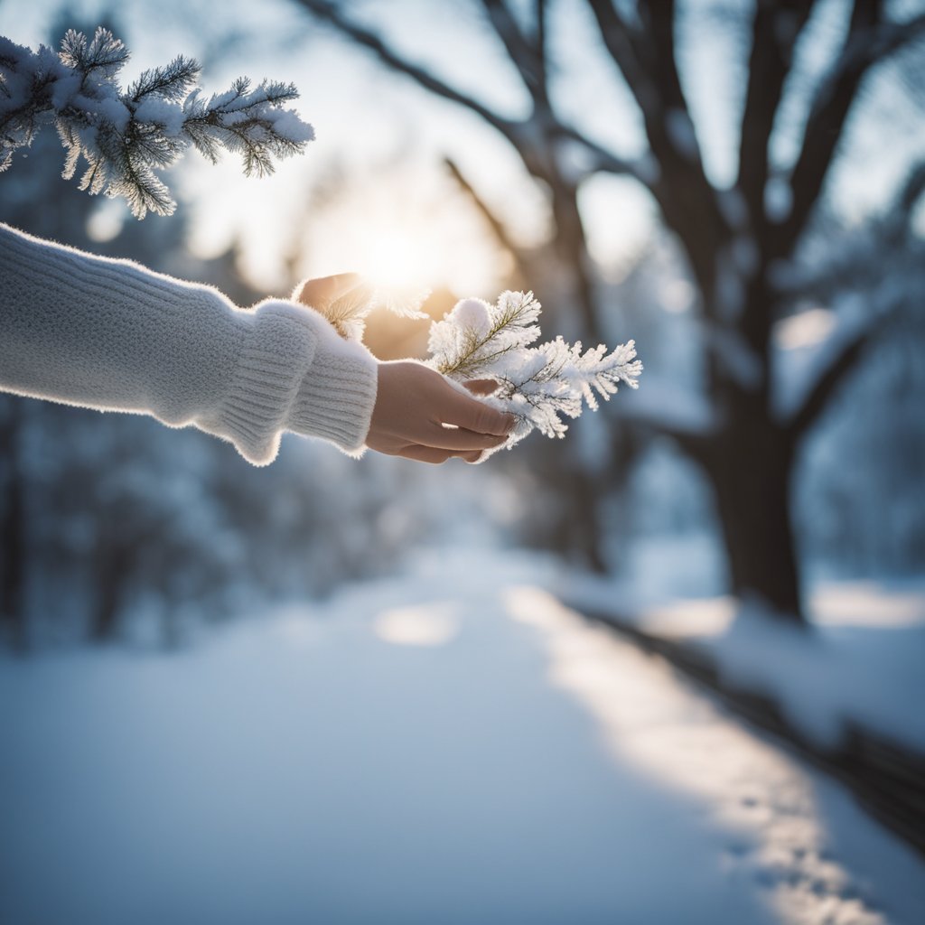 A person's hands reaching out towards a snow-covered landscape, with frosty trees and chilly air swirling around them