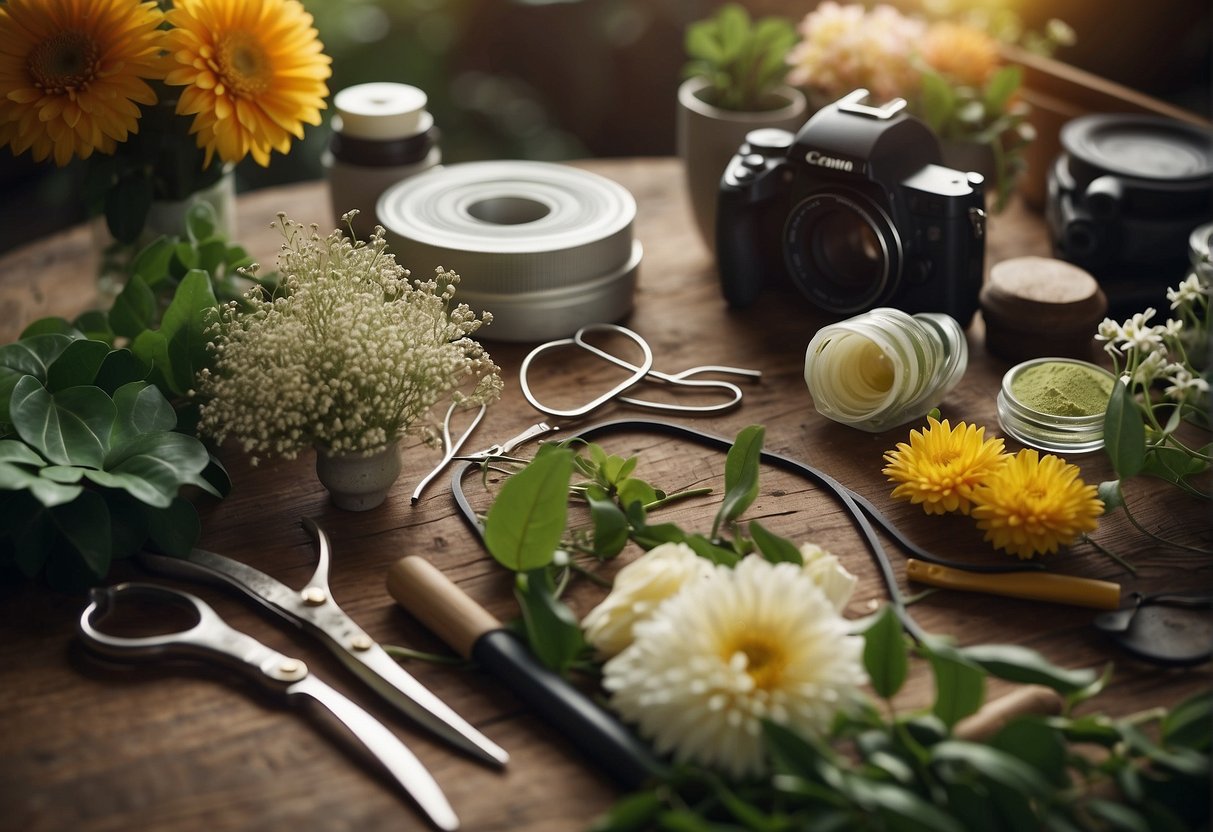 A table with a variety of fresh flowers, greenery, floral foam, scissors, wire, tape, containers, and design tools