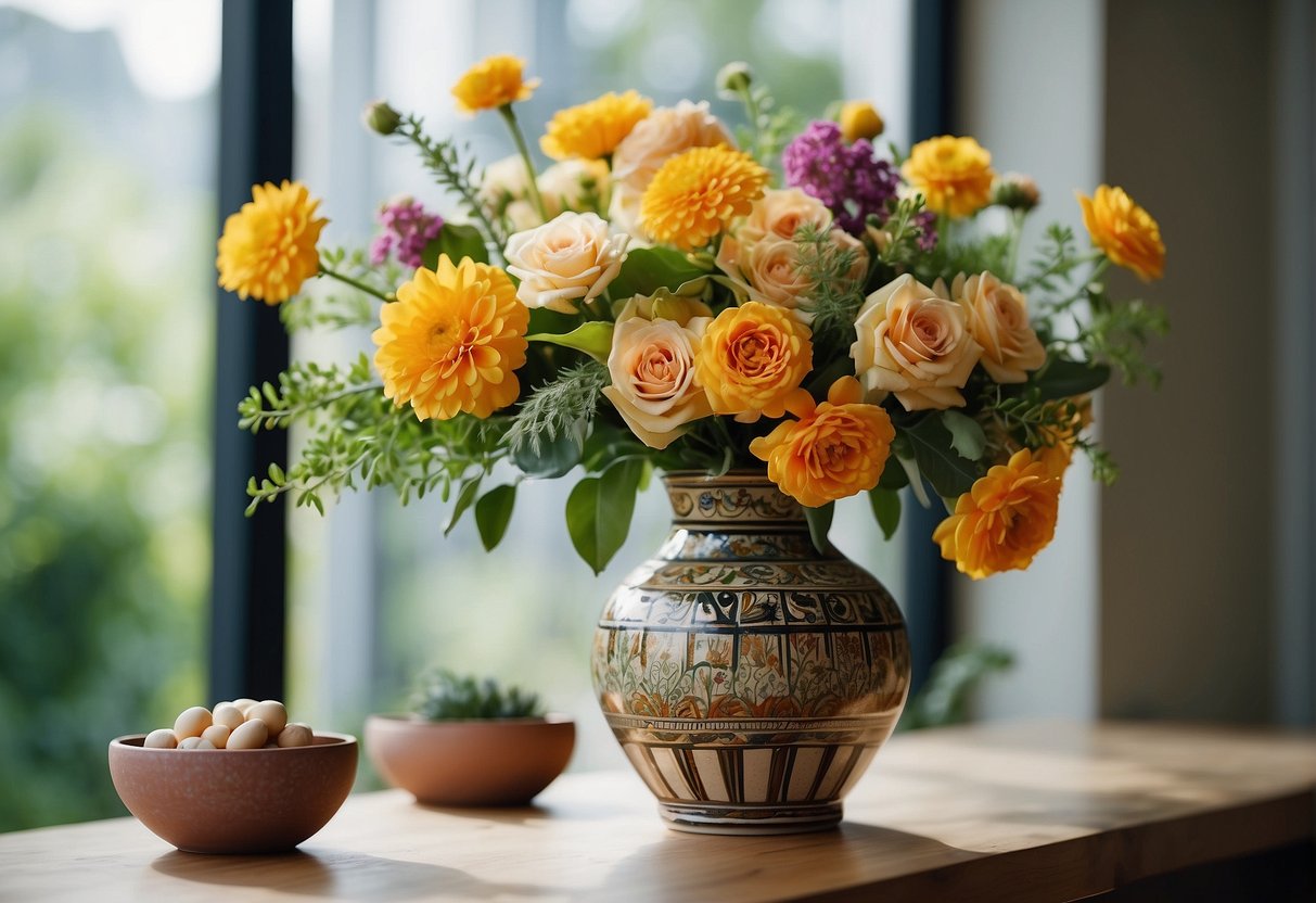 A vase filled with a variety of flowers of different sizes, shapes, and colors arranged in a balanced and harmonious composition. Greenery and filler flowers are used to add texture and depth to the design