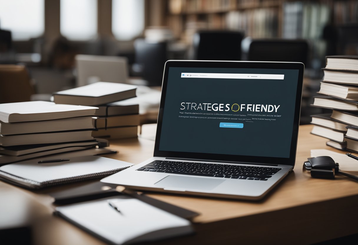 A laptop sits on a desk surrounded by open books and a notepad. A pen is poised, ready to write. The screen displays a webpage titled "Strategies for Writing SEO-Friendly Content."