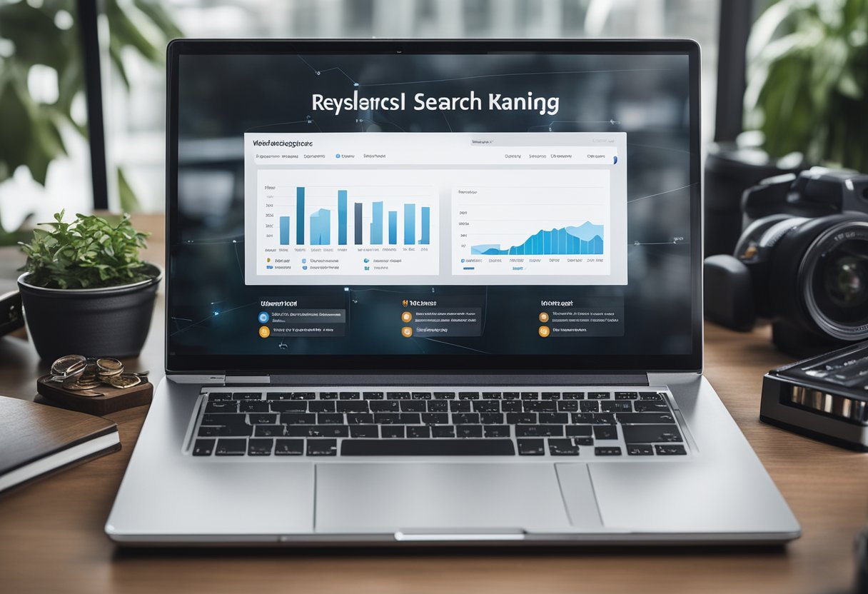 A laptop displaying a webpage with high search rankings, surrounded by keyword research tools and analytics charts