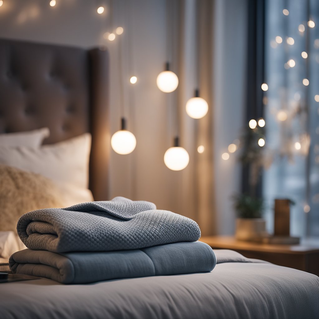 A serene bedroom with soft lighting, a cozy bed with plush pillows and a weighted blanket, calming essential oils diffusing in the air, and a soothing sound machine playing in the background