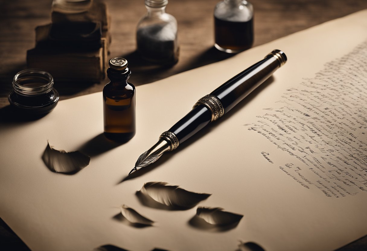 A quill pen poised over a blank page, surrounded by scattered parchment and ink bottles. A bold, fearless expression evident in the dramatic strokes of the writing