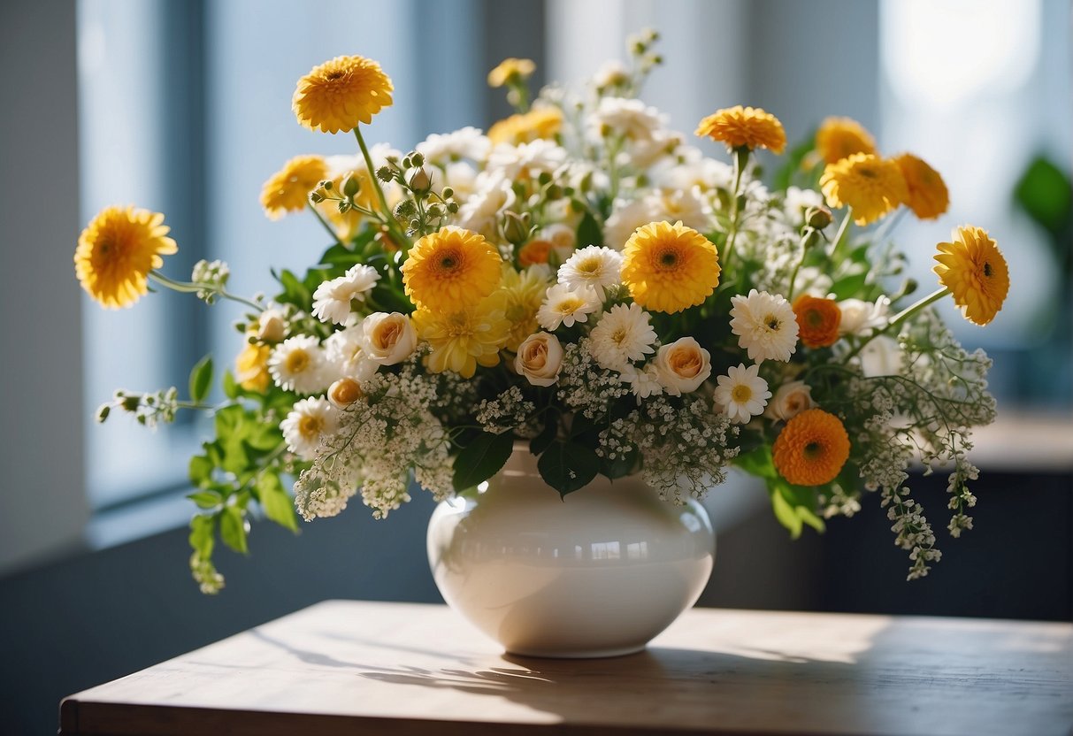 A vase of assorted flowers arranged in a balanced and harmonious composition, with varying heights and textures, creating a visually pleasing display