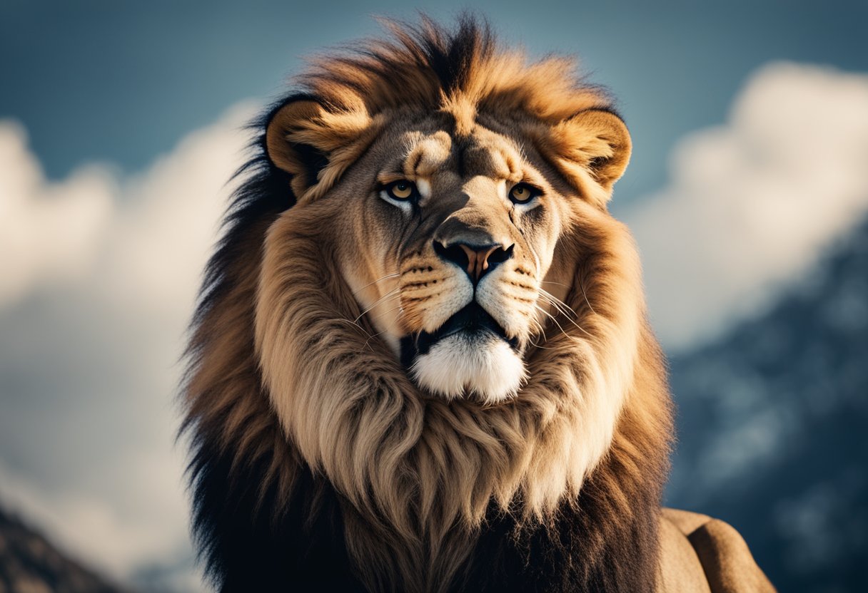 A roaring lion stands confidently atop a mountain peak, symbolizing the bold and brave nature of authentic copywriting