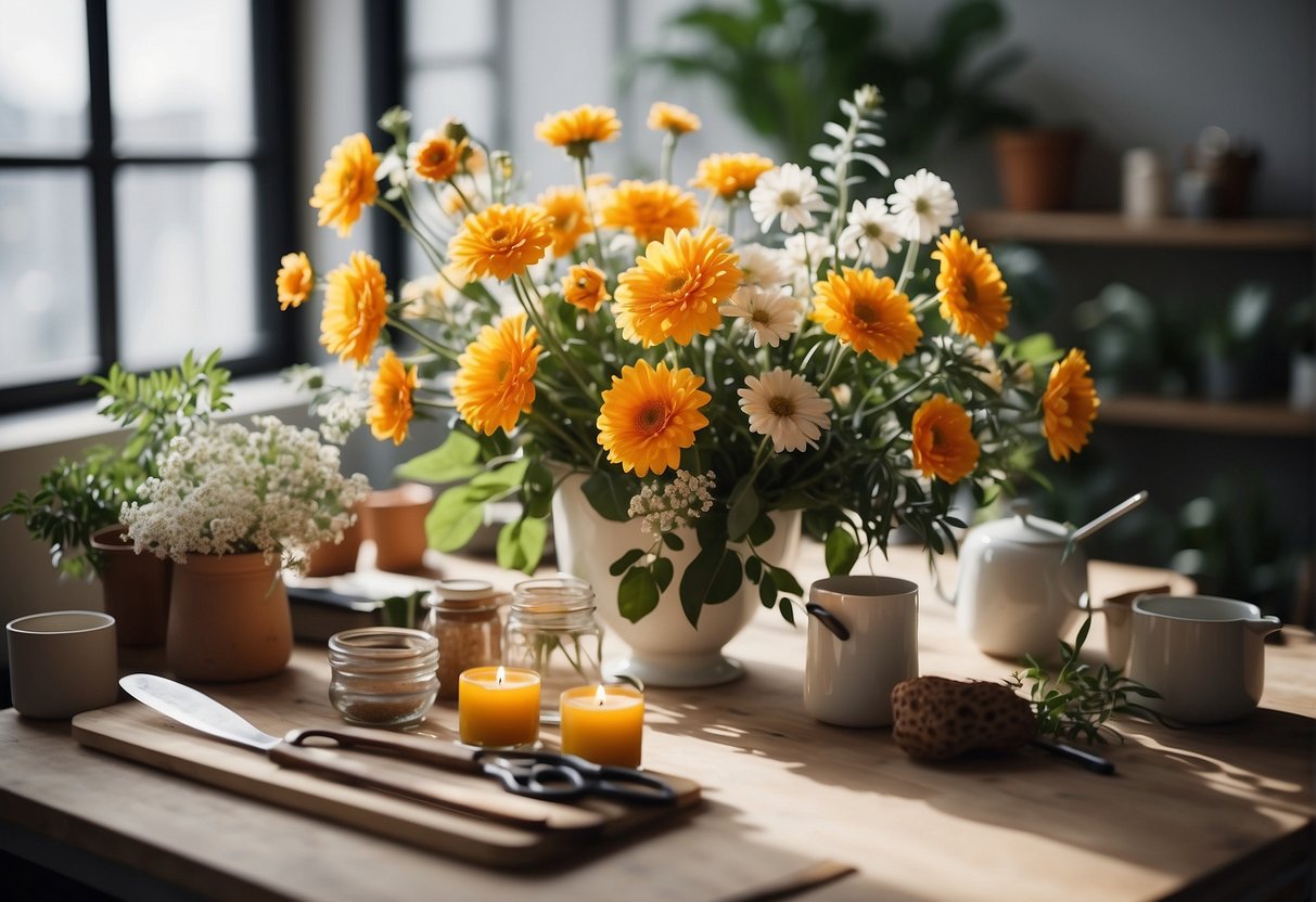 A table with various flowers, foliage, and tools arranged for floral design. Bright light and clean workspace