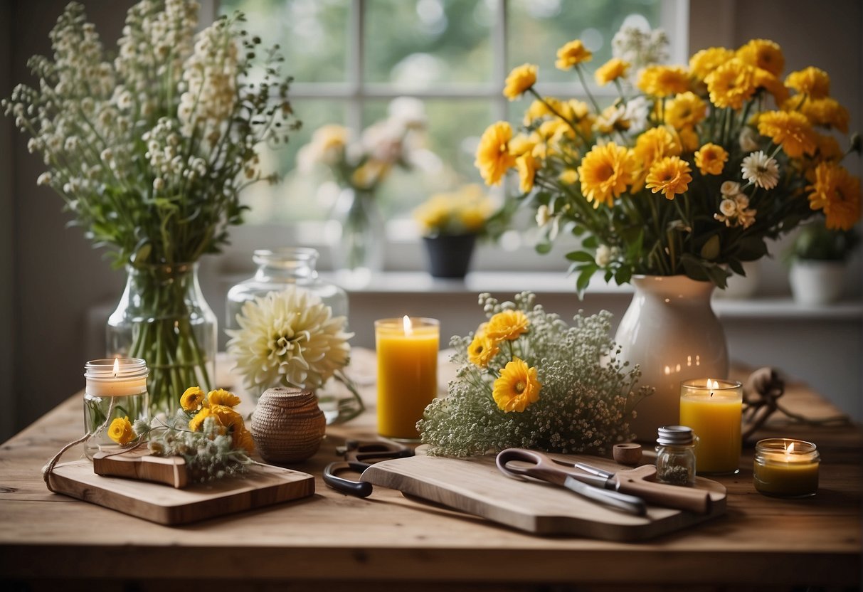 A table with various types of flowers, vases, and tools for arranging. A sign with "Frequently Asked Questions: Basics of Floral Design" displayed prominently