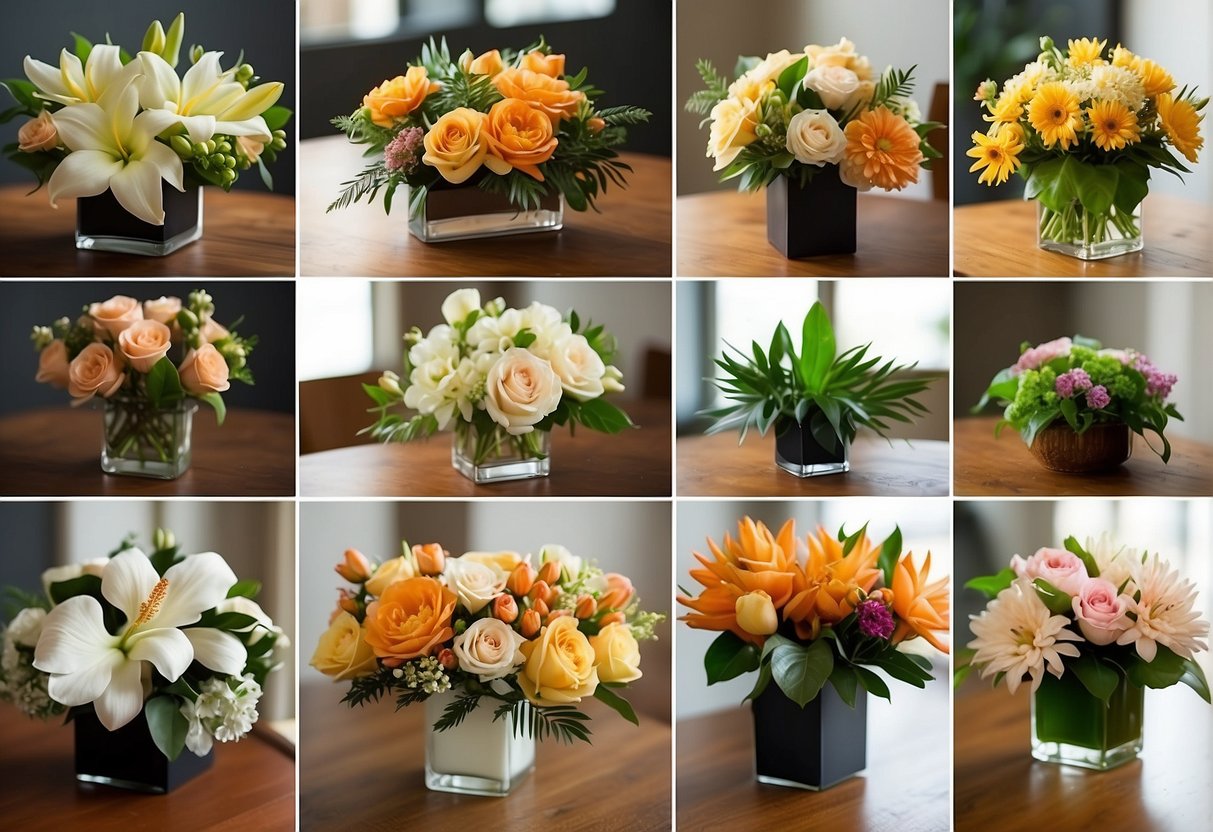A variety of floral arrangements: classic, modern, tropical, and minimalist, displayed on a wooden table with natural lighting