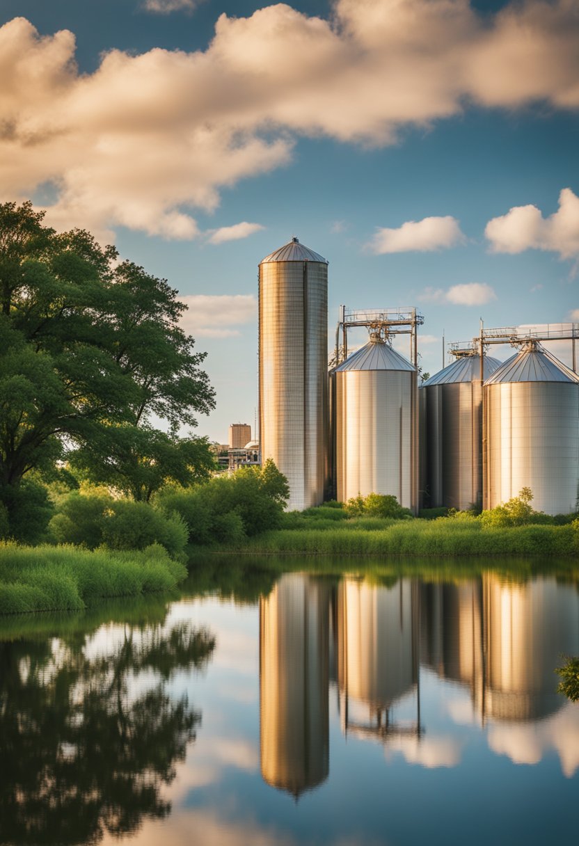 A row of rustic silos stands tall against the downtown Waco skyline, surrounded by lush greenery and a serene atmosphere