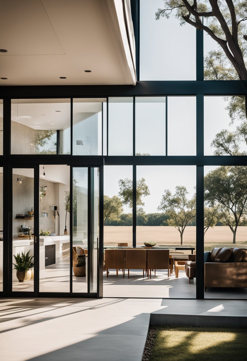 A sleek, angular mid-century modern home in Waco, with clean lines, large windows, and a spacious outdoor area