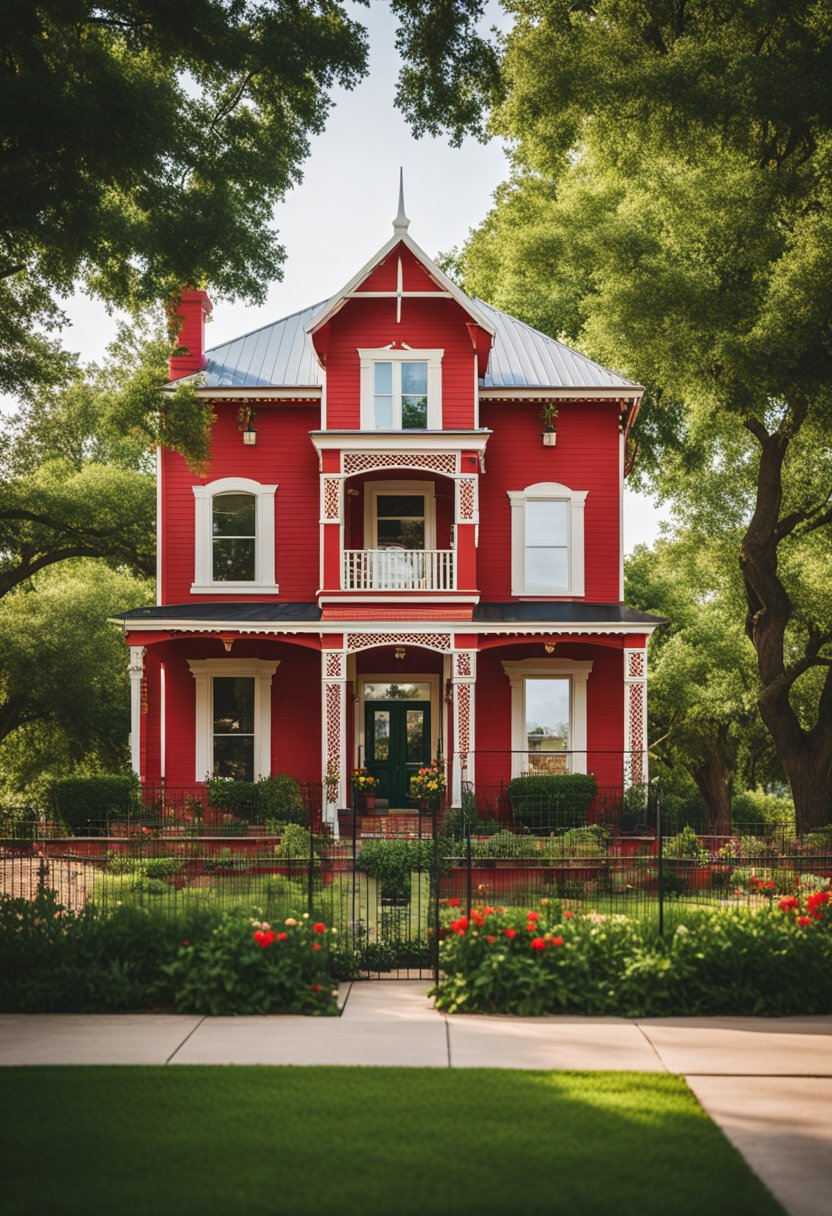 A vibrant red house stands out in the Premier Waco neighborhood, surrounded by lush greenery and blooming flowers. The architecture exudes charm and character, making it one of the top vacation rentals in Waco