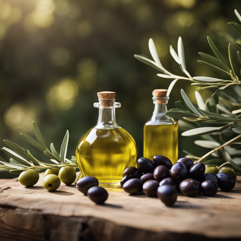 A bottle of polyphenol-rich olive oil sits on a rustic wooden table, surrounded by freshly picked olives and lush green olive branches