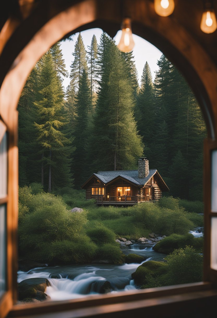A cozy cabin nestled among towering trees, with a bubbling creek running through the lush greenery. A warm glow emanates from the windows, inviting guests to relax and unwind in this serene retreat
