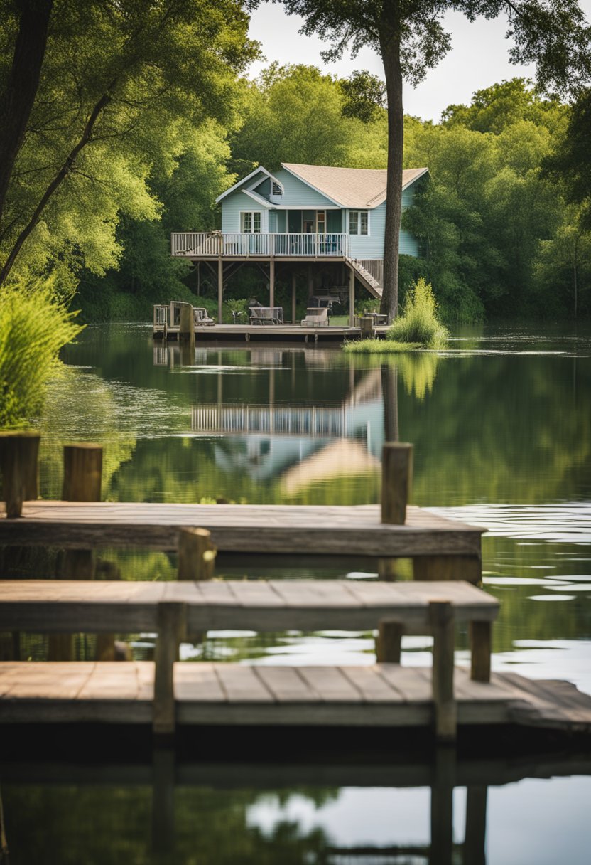 A tranquil lake surrounded by lush greenery, with a charming vacation rental nestled in the heart of Waco. A wooden dock extends out into the water, offering easy access for boating and fishing
