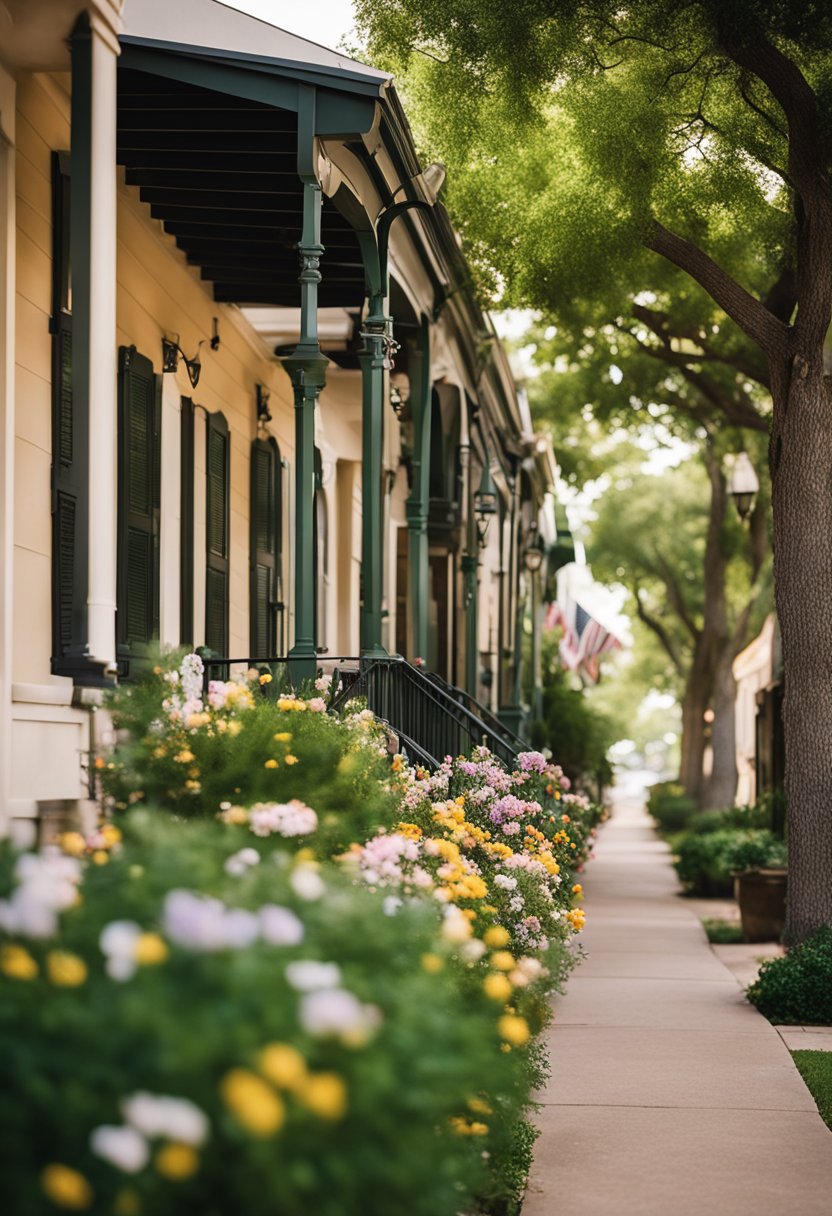 A picturesque street lined with charming vacation rentals in Waco, Texas, surrounded by lush greenery and blooming flowers, with a warm and inviting atmosphere
