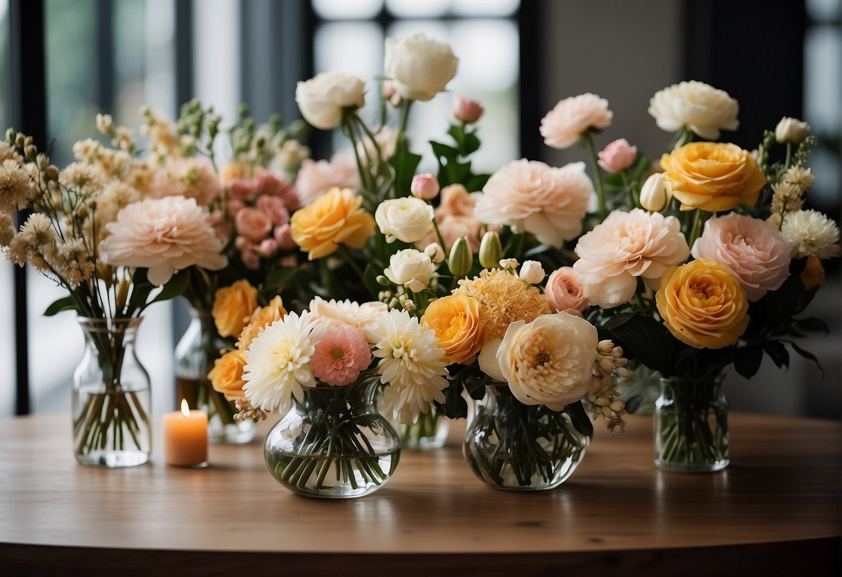 A variety of floral arrangements in different styles, including modern, traditional, and minimalist, are displayed on a table